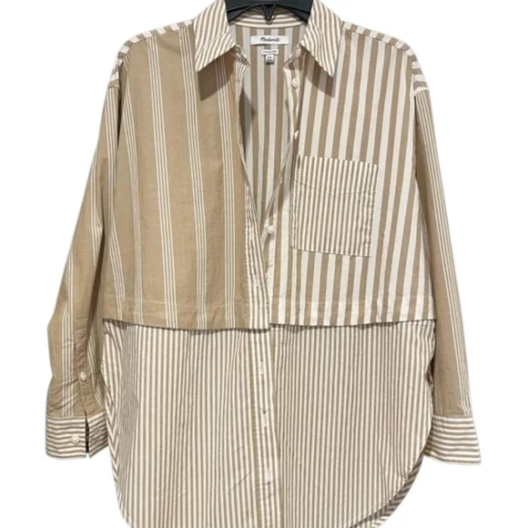 Madewell Tan White 2 in 1 Oversized Striped 100% Cotton Shirt Size S - Picture 7 of 15